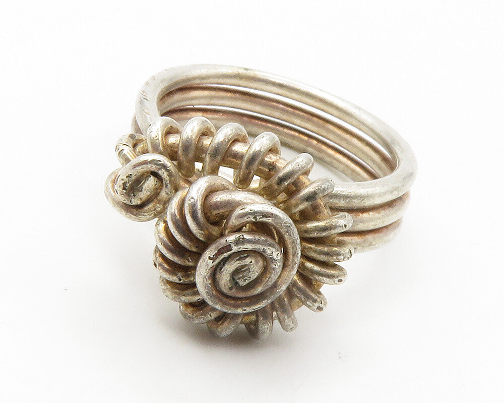 925 Sterling Silver Vintage Twist Flower Motif Ribbed Band Ring Sz 7 RG14350