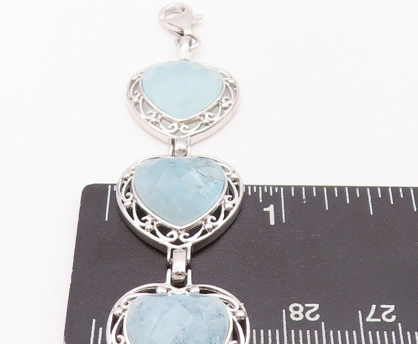 925 Sterling Silver Vintage Bracelet Heart Shape Aquamarine Swirly Cut BT10710