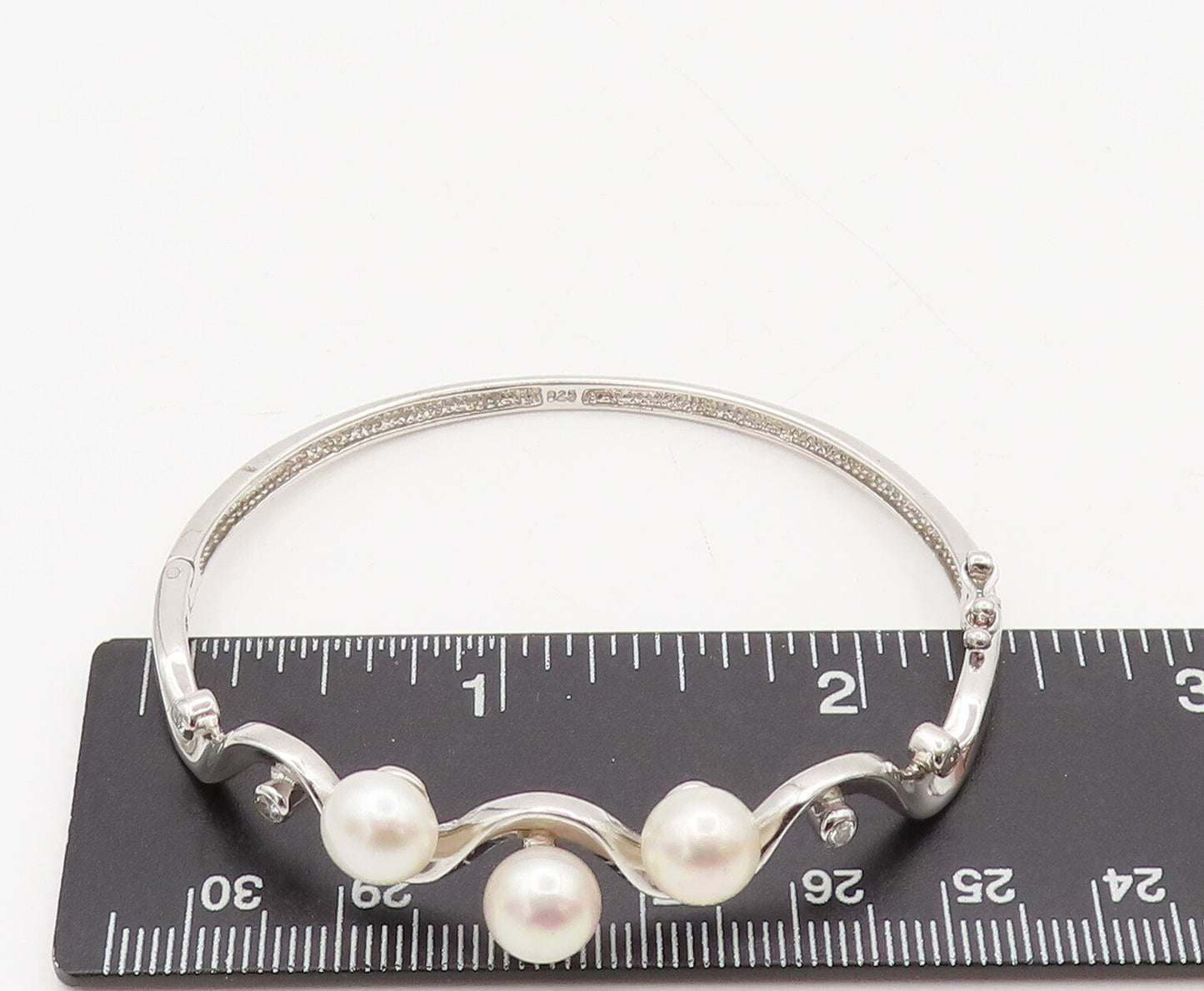 925 Sterling Silver Vintage Pearl Topaz Beaded On Wave Cuff Bracelet BT10062
