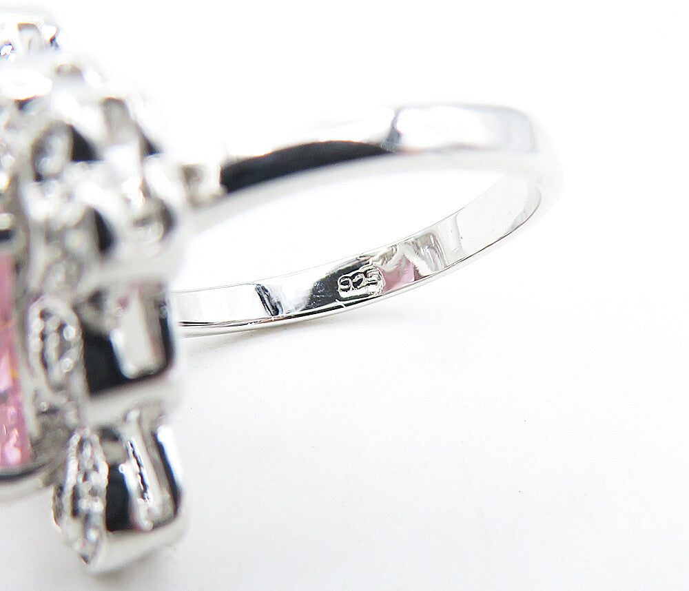 925 Sterling Silver Pink Cubic Zirconia Floral Cocktail Ring Sz 7 RG6069