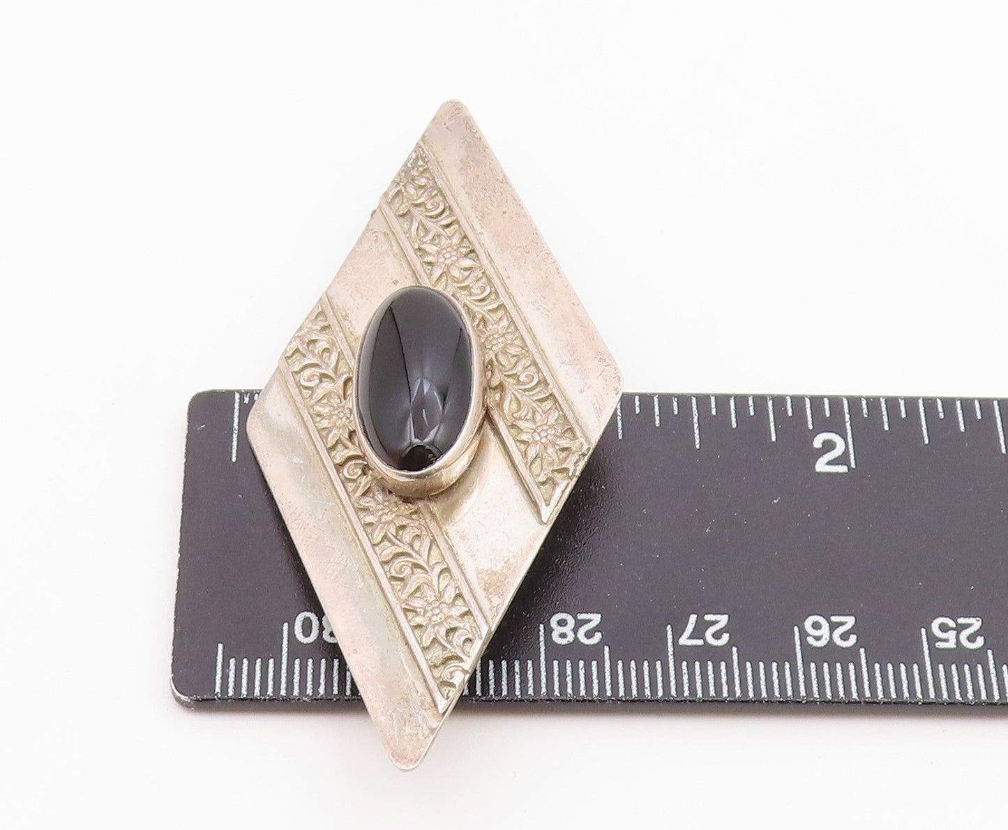 ISRAEL 925 Sterling Silver Vintage Black Onyx Floral Detail Brooch Pin BP7120