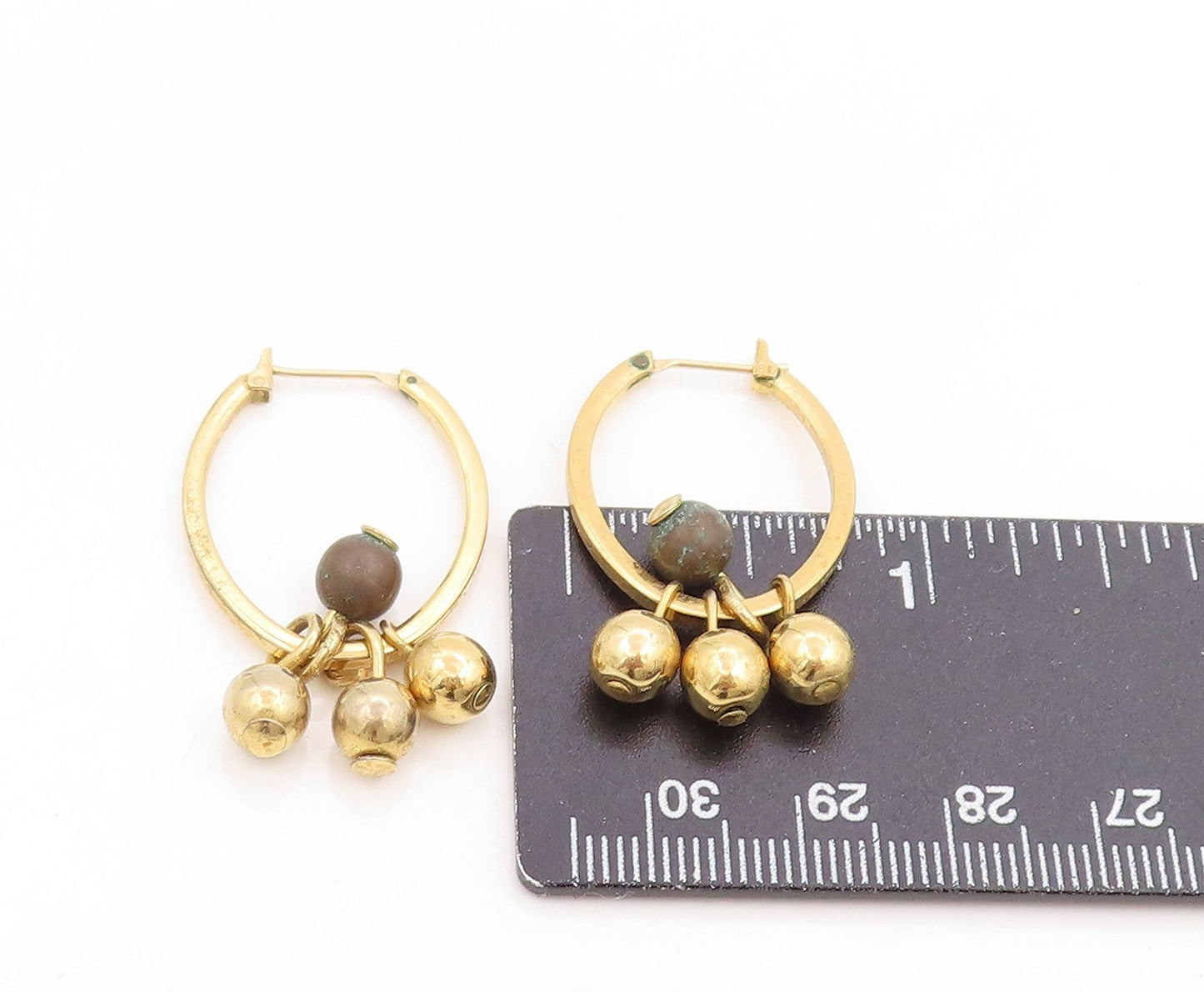925 Sterling Silver Vintage Earrings Gold Plated Beaded Dangle Hoops EG14046