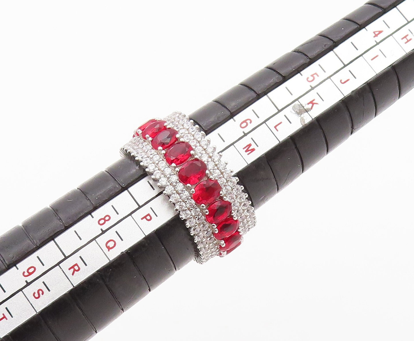 925 Sterling Silver Vintage Ring Oval Cut Red & White CZ 360 Band Sz 7 RG30499
