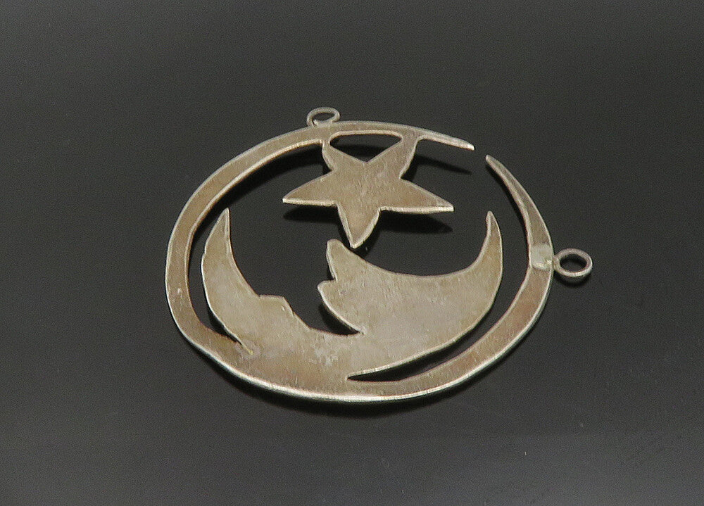 925 Sterling Silver Vintage Crescent Moon Face & Star Pendant PT18878