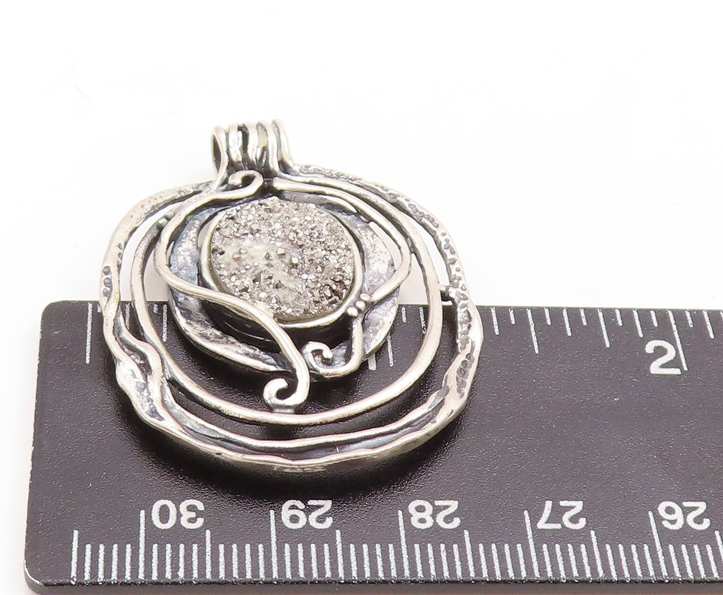 925 Sterling Silver Vintage Pendant SHABLOOL ISRAEL Cutout Drusy Quartz PT23792