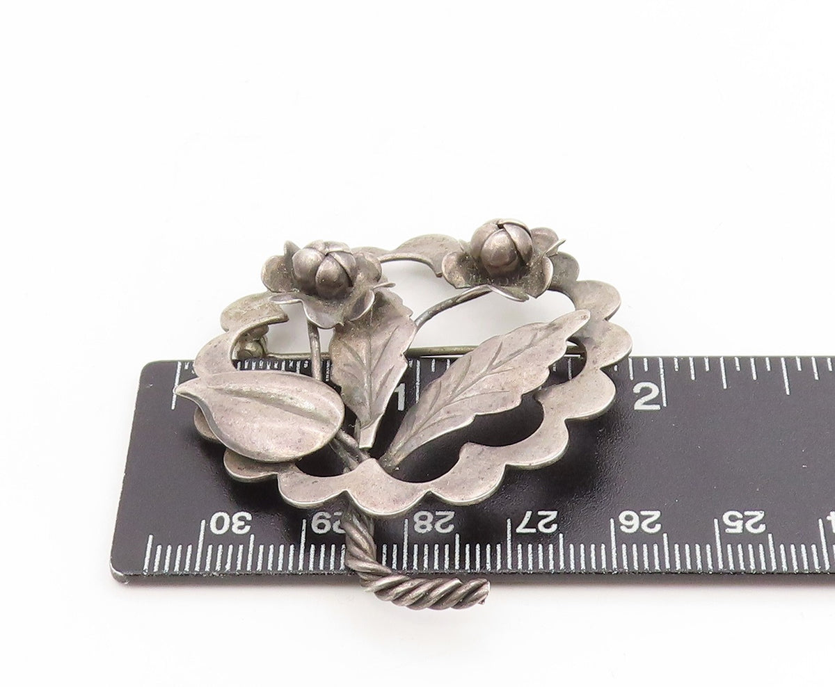 925 Sterling Silver Vintage Brooch Elegant Twisted Stem Floral Blossom BP12251