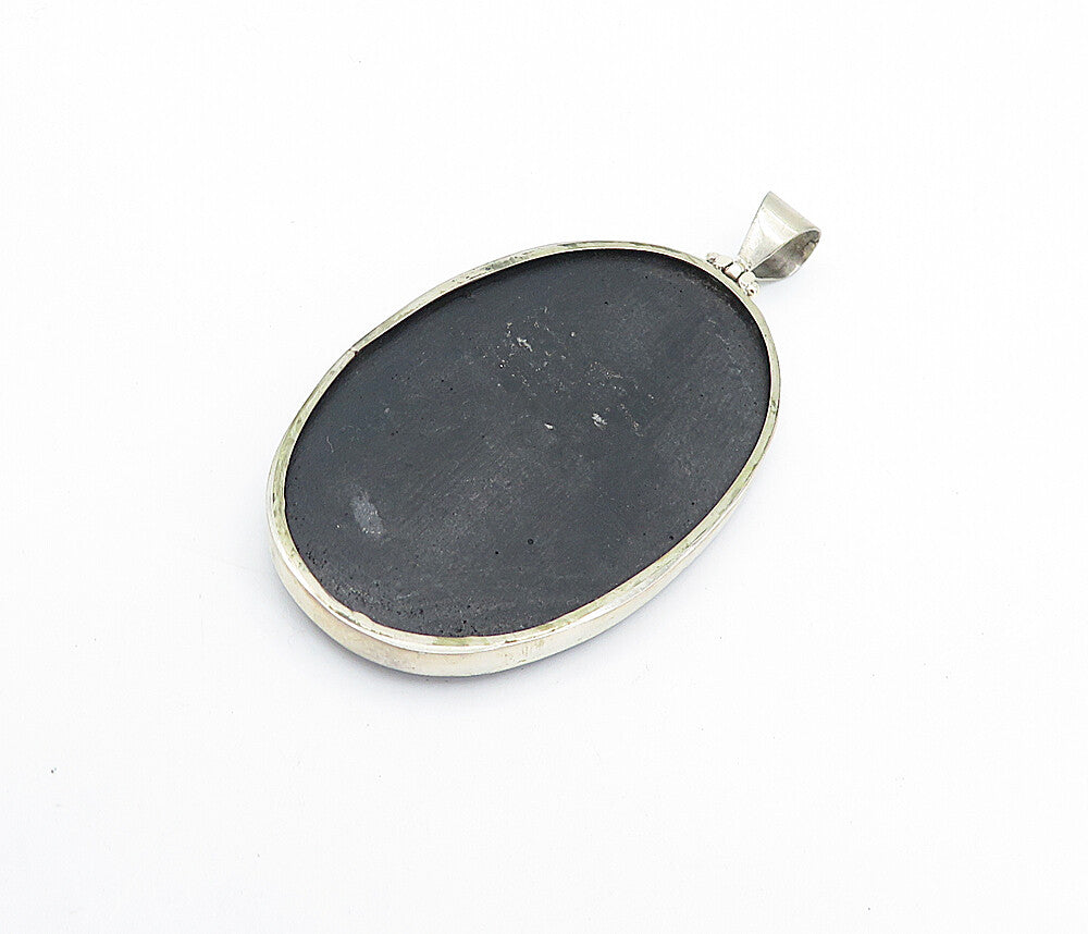 925 Sterling Silver Vintage Obsidian Spiral Swirl Detail Oval Pendant PT5778