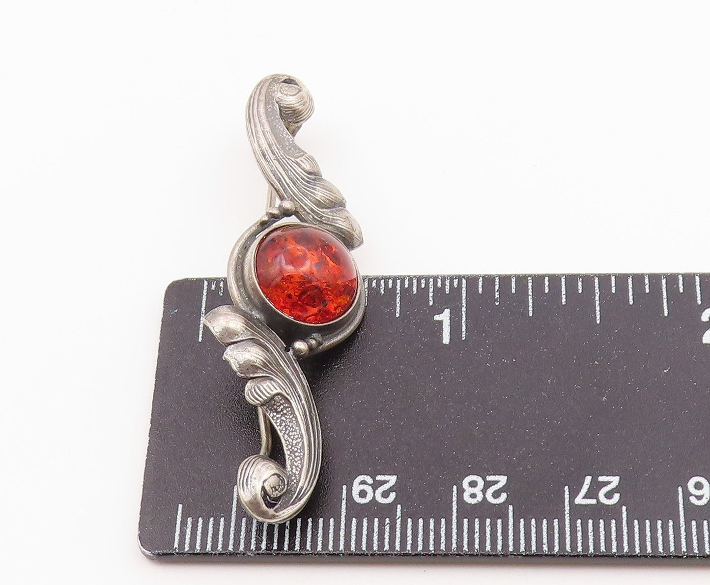 POLAND 925 Sterling Silver Vintage Cabochon Amber Swirl Brooch Pin BP9318