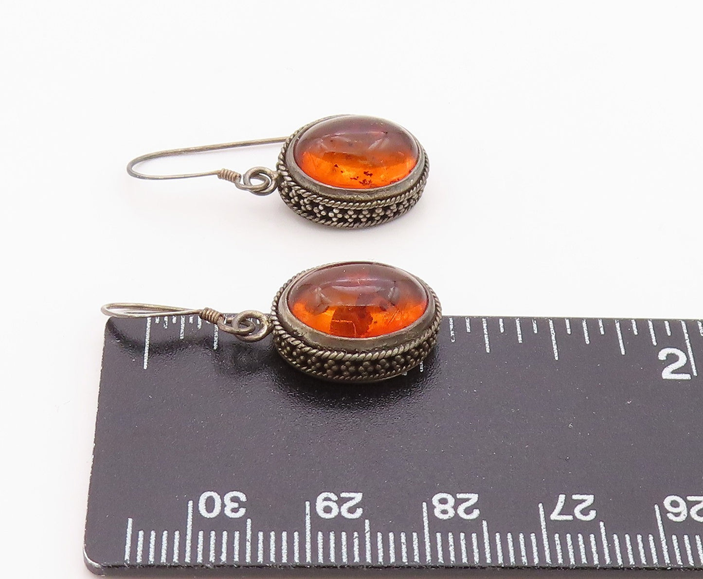 925 Sterling Silver Vintage Earrings Oval Cabochon Honey Amber Dangle EG14377