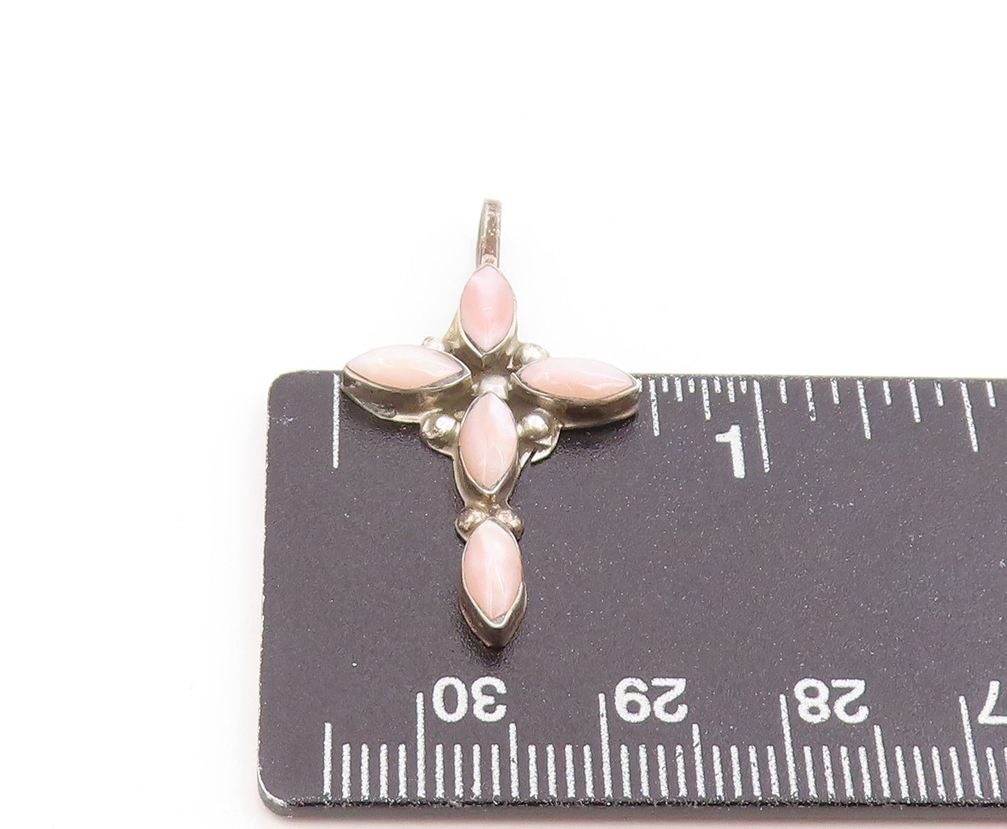 925 Sterling Silver Vintage Pendant Marquise Cut Rose Quartz Holy Cross PT26236
