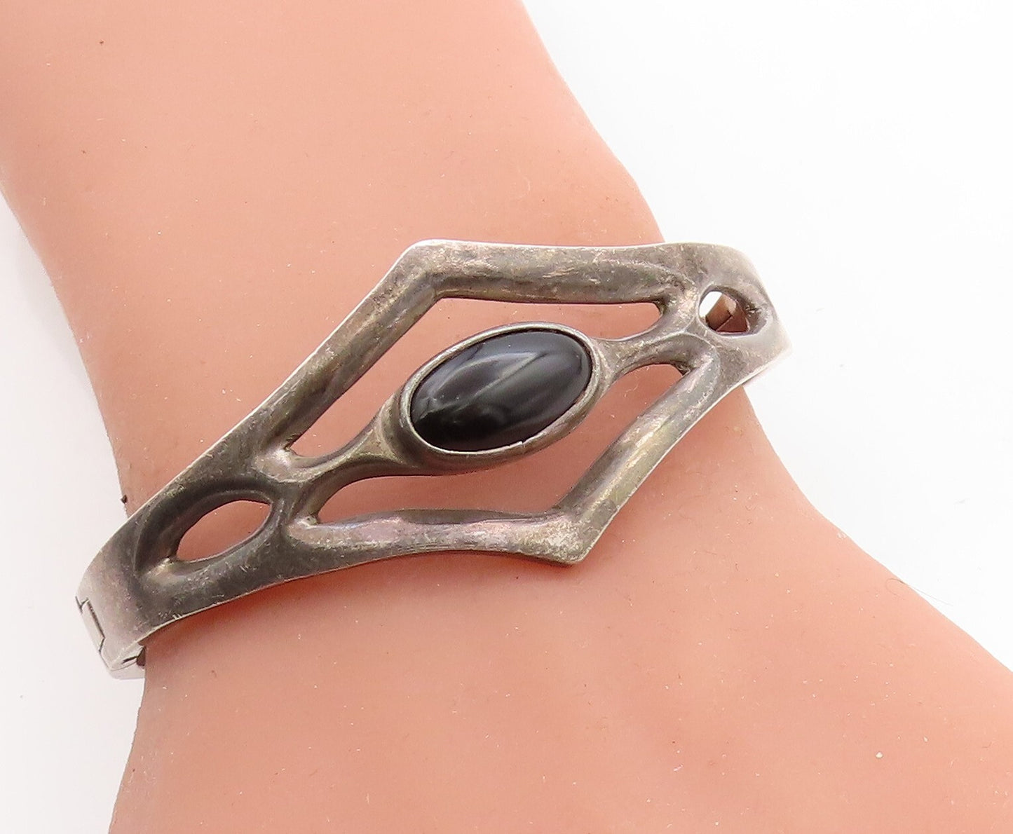 MEXICO 925 Silver Vintage Black Onyx Dark Tone Open Bangle Bracelet BT2519
