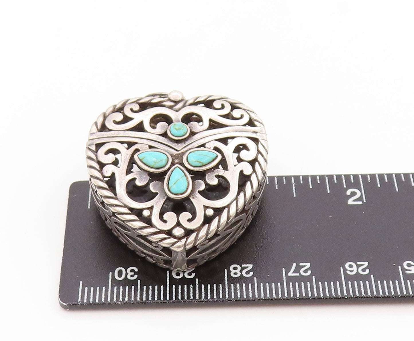 925 Sterling Silver Vintage Pendant Turquoise Scrollwork Heart OPENS PT25834