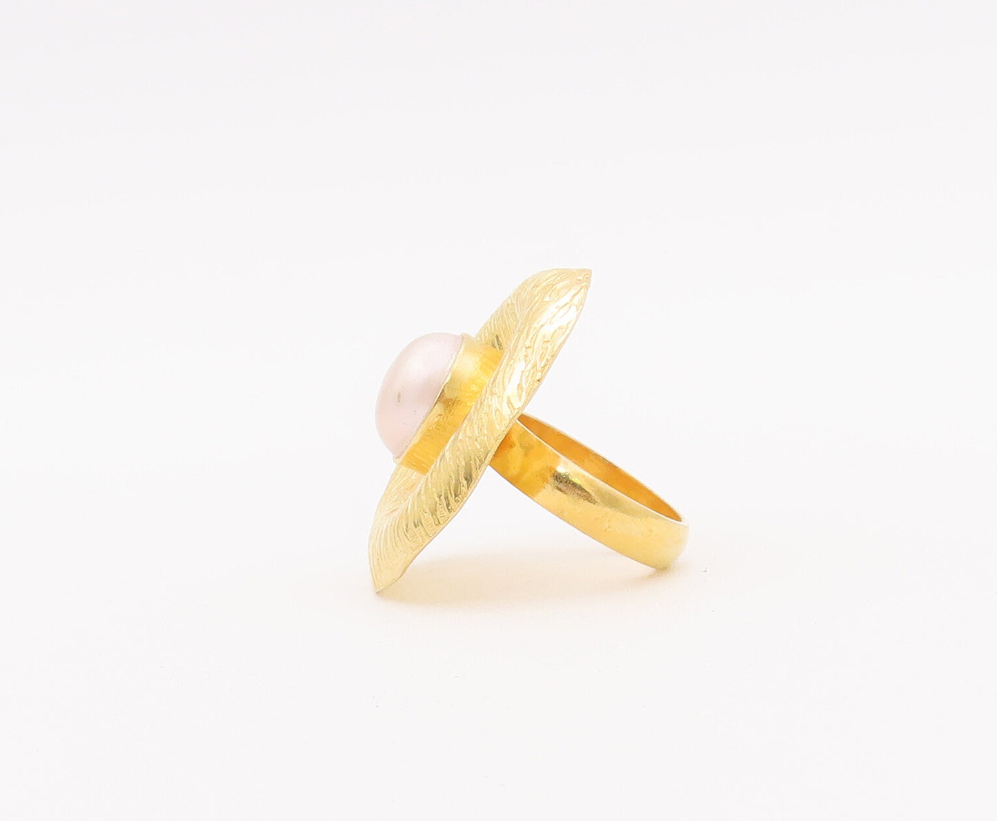 925 Sterling Silver Vintage Ring Gold Plated Grooved Pearl Hat Sz 5.5 RG28005