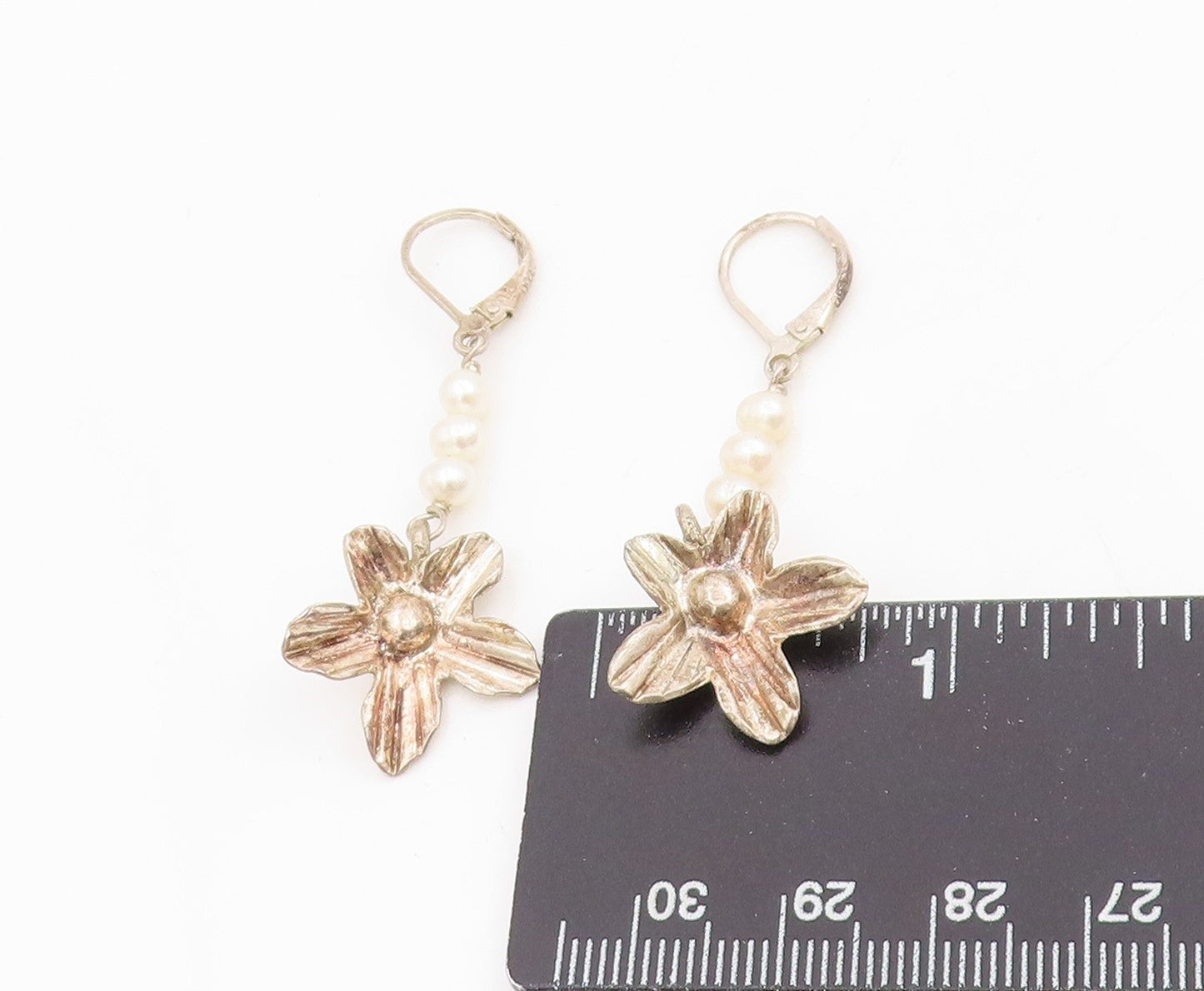 925 Sterling Silver Vintage Earrings Round Pearl Etched Floral Dangles EG13804