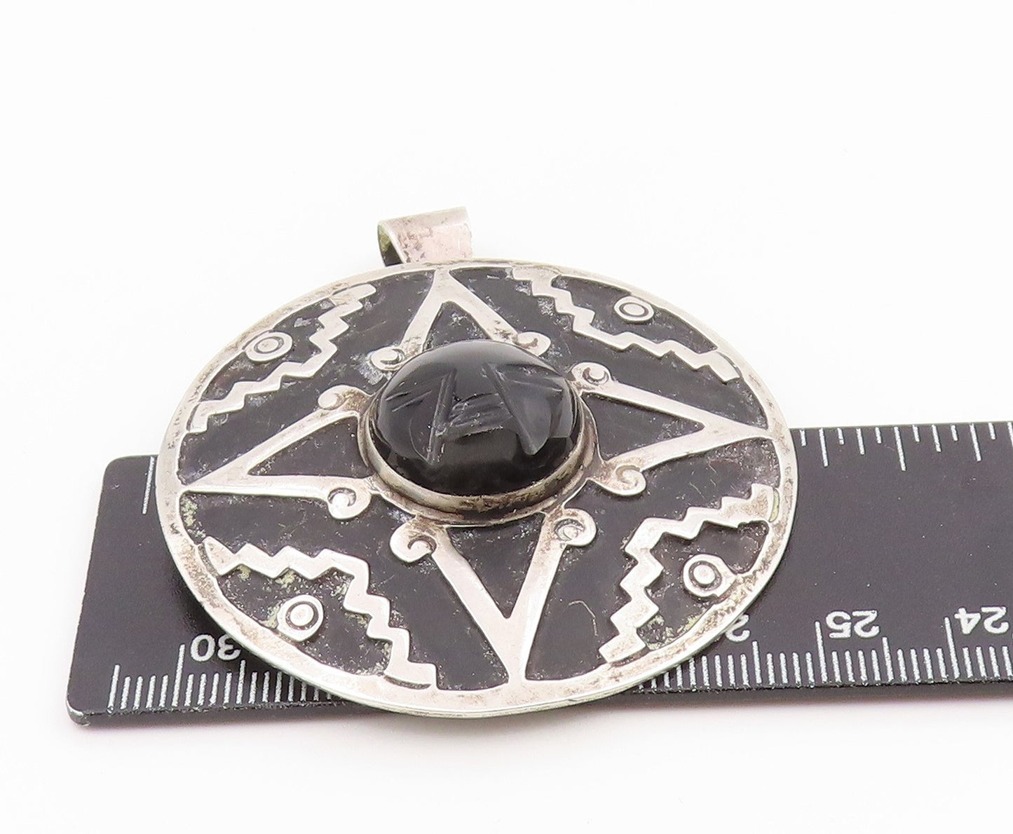 925 Sterling Silver Vintage Brooch Pin MEXICO Carved Onyx Aztec Face BP12350