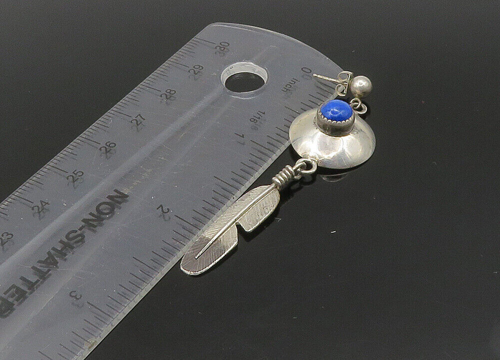 NAVAJO 925 Silver Vintage Lapis Lazuli Feather Dangle Earrings EG11215
