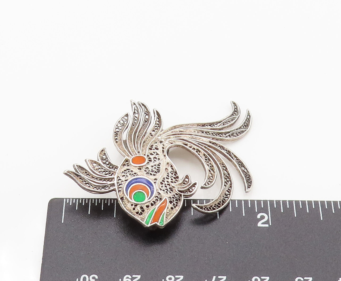 925 Sterling Silver Vintage Enamel & Filigree Detailed Fish Brooch Pin BP10107
