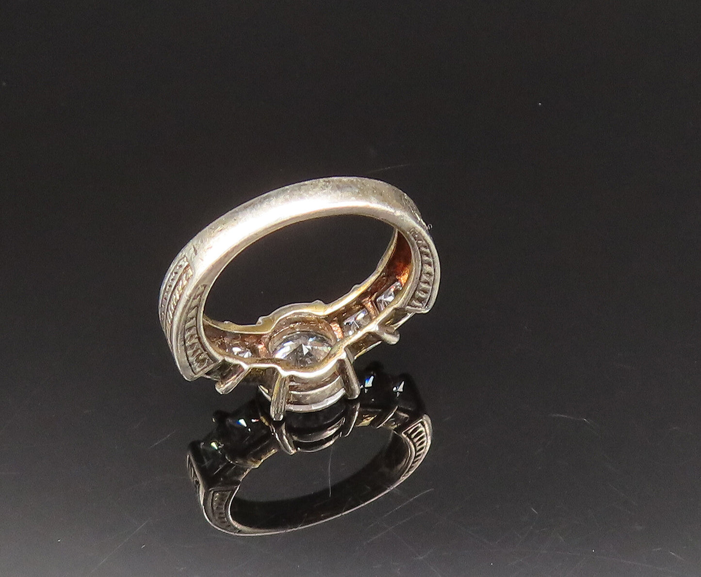 925 Silver Vintage Multi Cubic Zirconia Etched Shank Ring Sz 6 RG25630