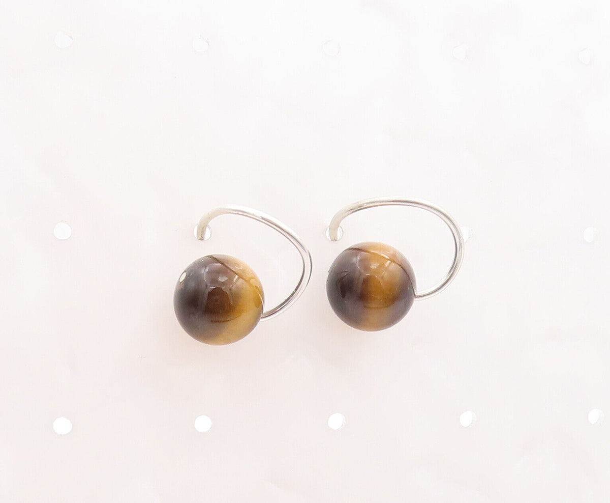 925 Sterling Silver Vintage Earrings Designer Bead Shape Tiger's Eye EG13051