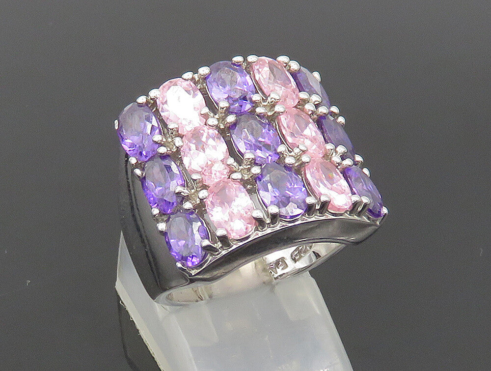 925 Sterling Silver Vintage Pink Topaz & Amethyst Cocktail Ring Sz 7 RG24070