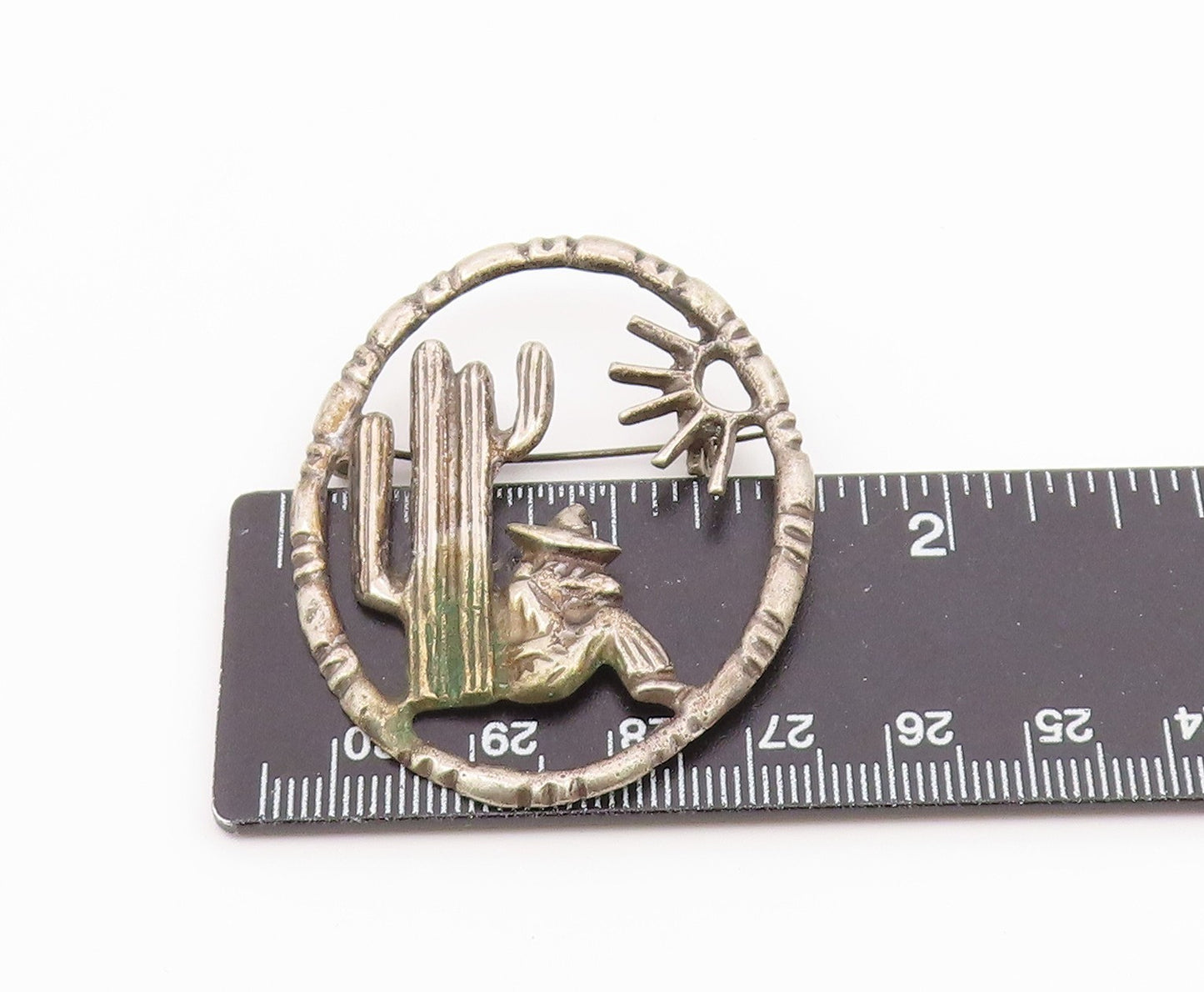 MEXICO 925 Silver Vintage Man & Cactus Desert Scene Oval Brooch Pin BP4729