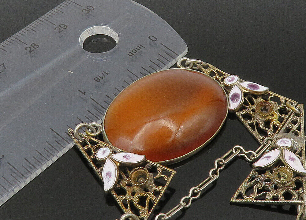 925 Silver Vintage Antique Tiger's Eye & Amethyst Chain Necklace NE3572