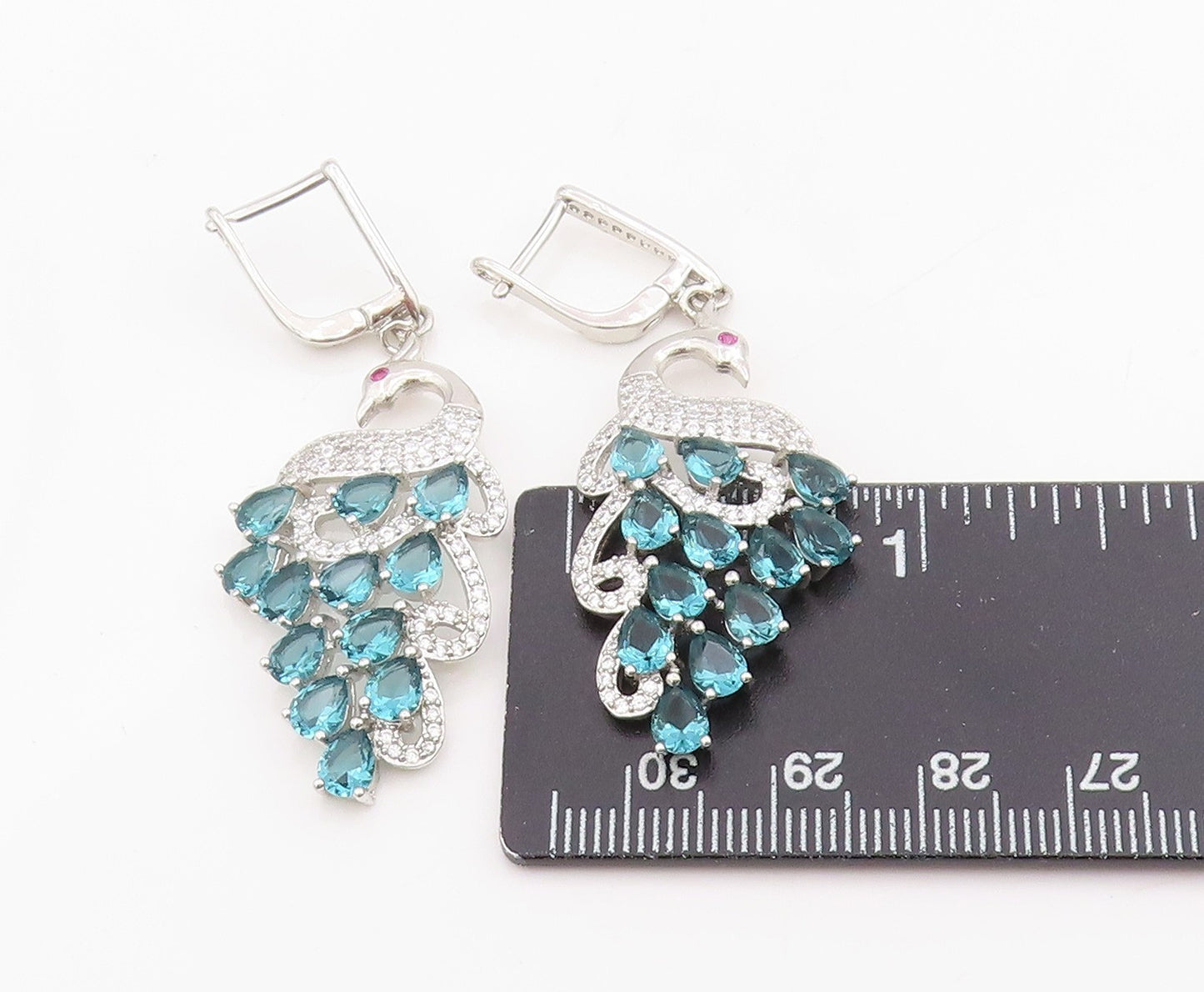 925 Sterling Silver Vintage Earrings Blue Topaz & CZ Peacock Dangles EG13846