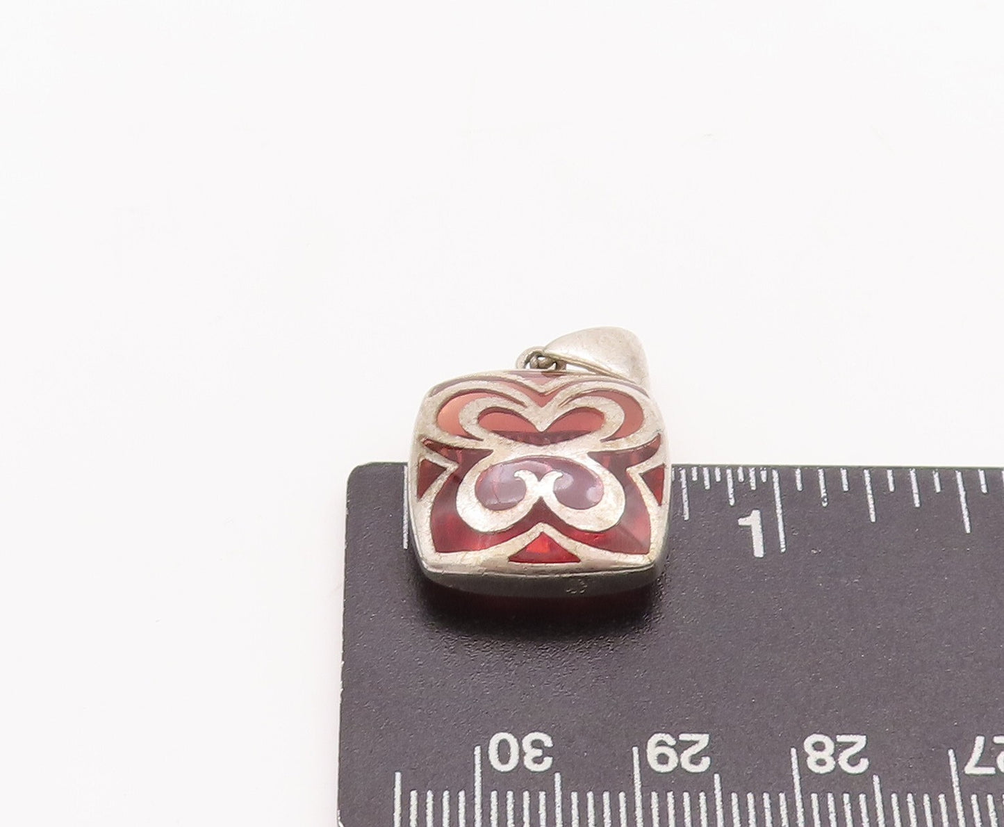 925 Sterling Silver Vintage Pendant Red Gemstone Caged Heart Design PT23289