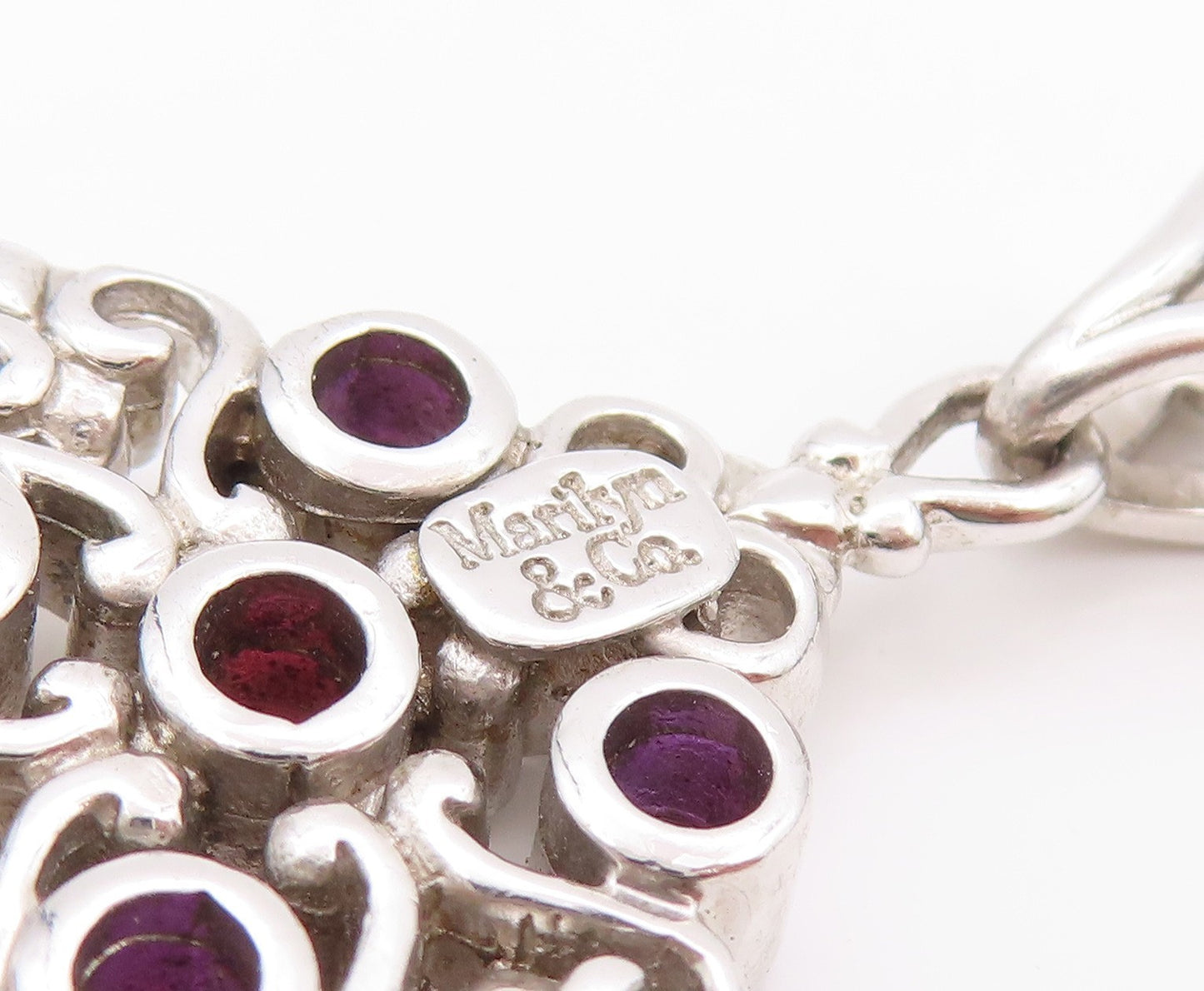 925 Sterling Silver Vintage Pendant MARYLIN & CO CZ Amethyst Hearts Cut PT24051