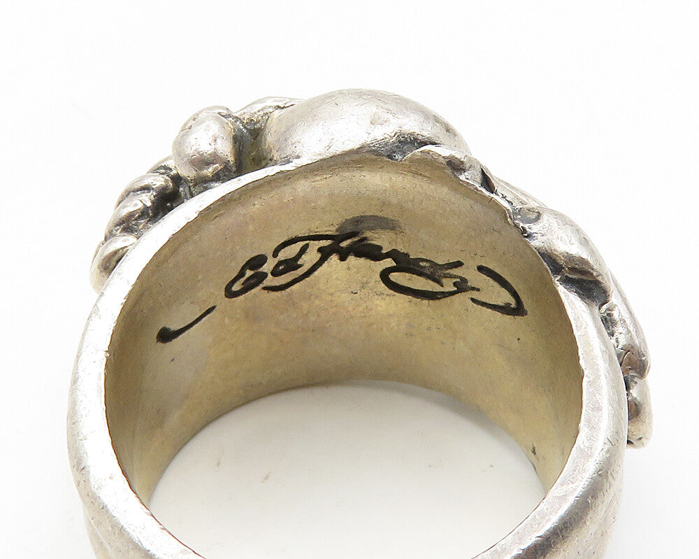 ED HARDY 925 Silver Vintage Heavy Skull Head Large Band Ring Sz 13 RG18806