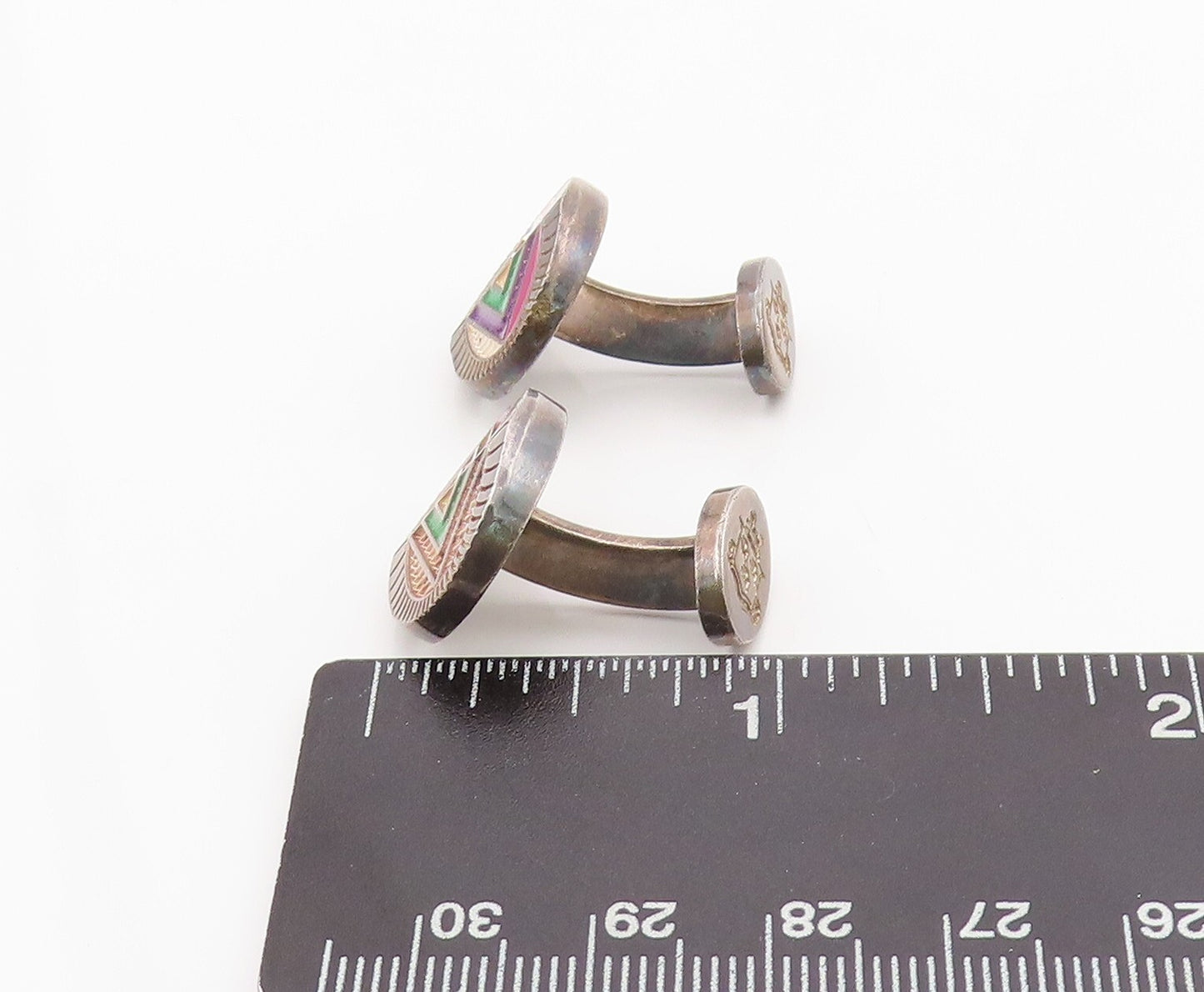 925 Sterling Silver Vintage Cuff Links ENGLAND Dark Tone Enameled Design TR3855