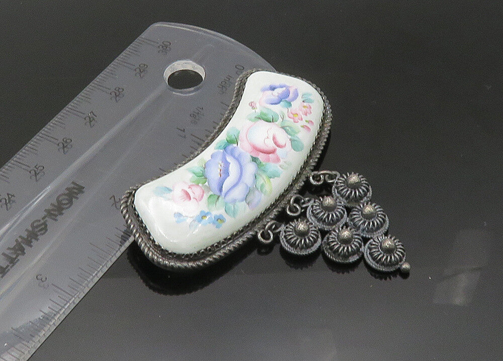 925 Sterling Silver Vintage Enamel Floral Art Twist Border Brooch Pin BP8654