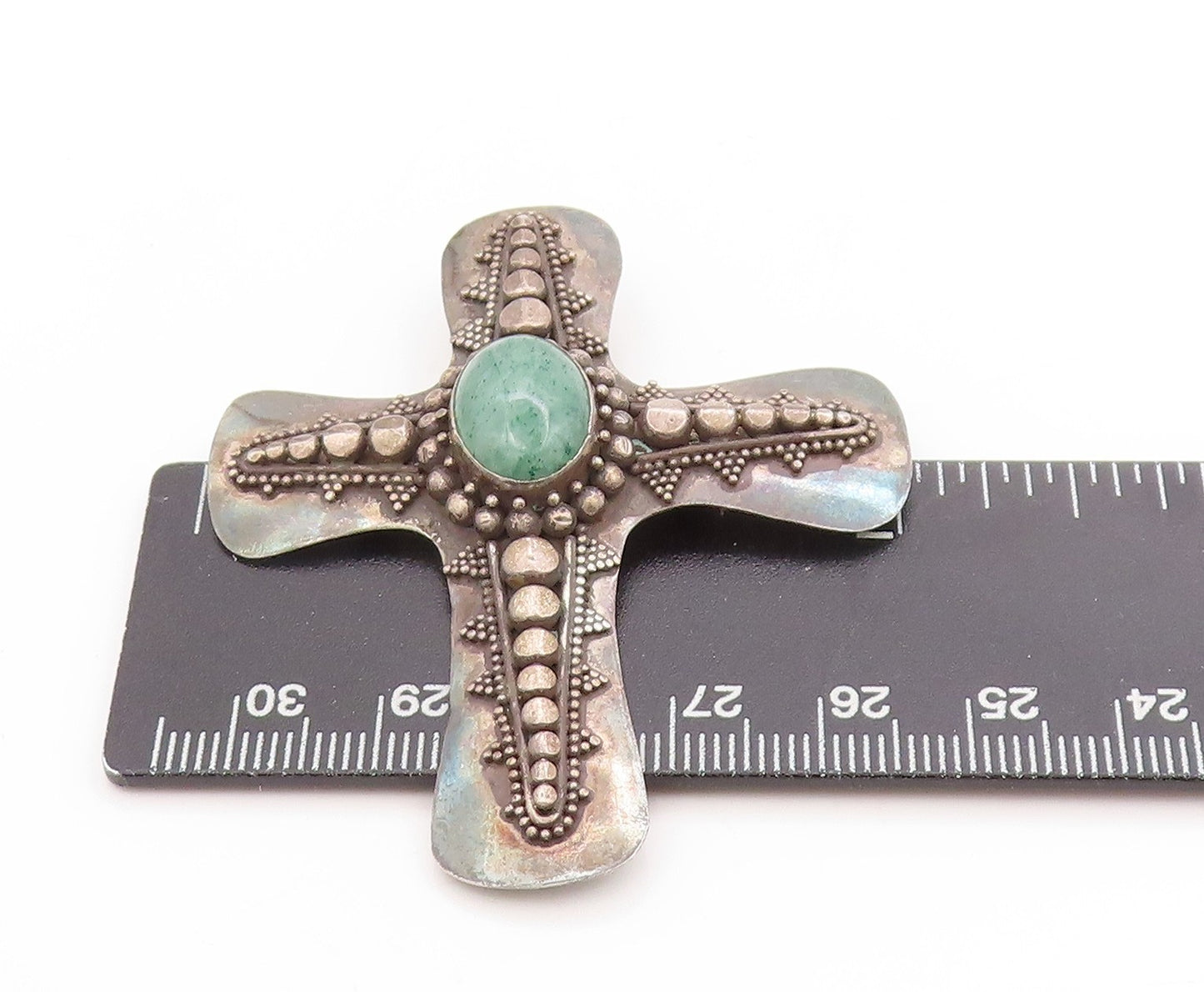 925 Sterling Silver Vintage Brooch Cabochon Turquoise Religious Cross BP11950