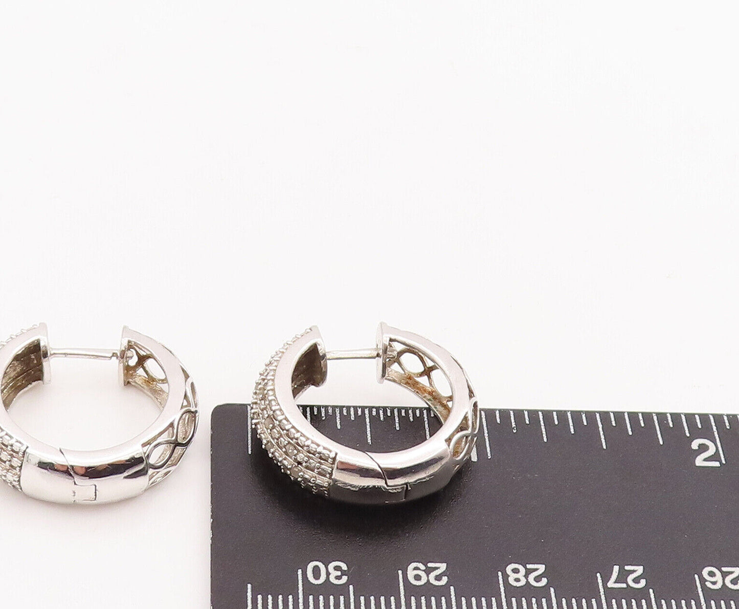 925 Sterling Silver Vintage Earrings Cutout Solid Diamonds Inlay Hoops EG13066