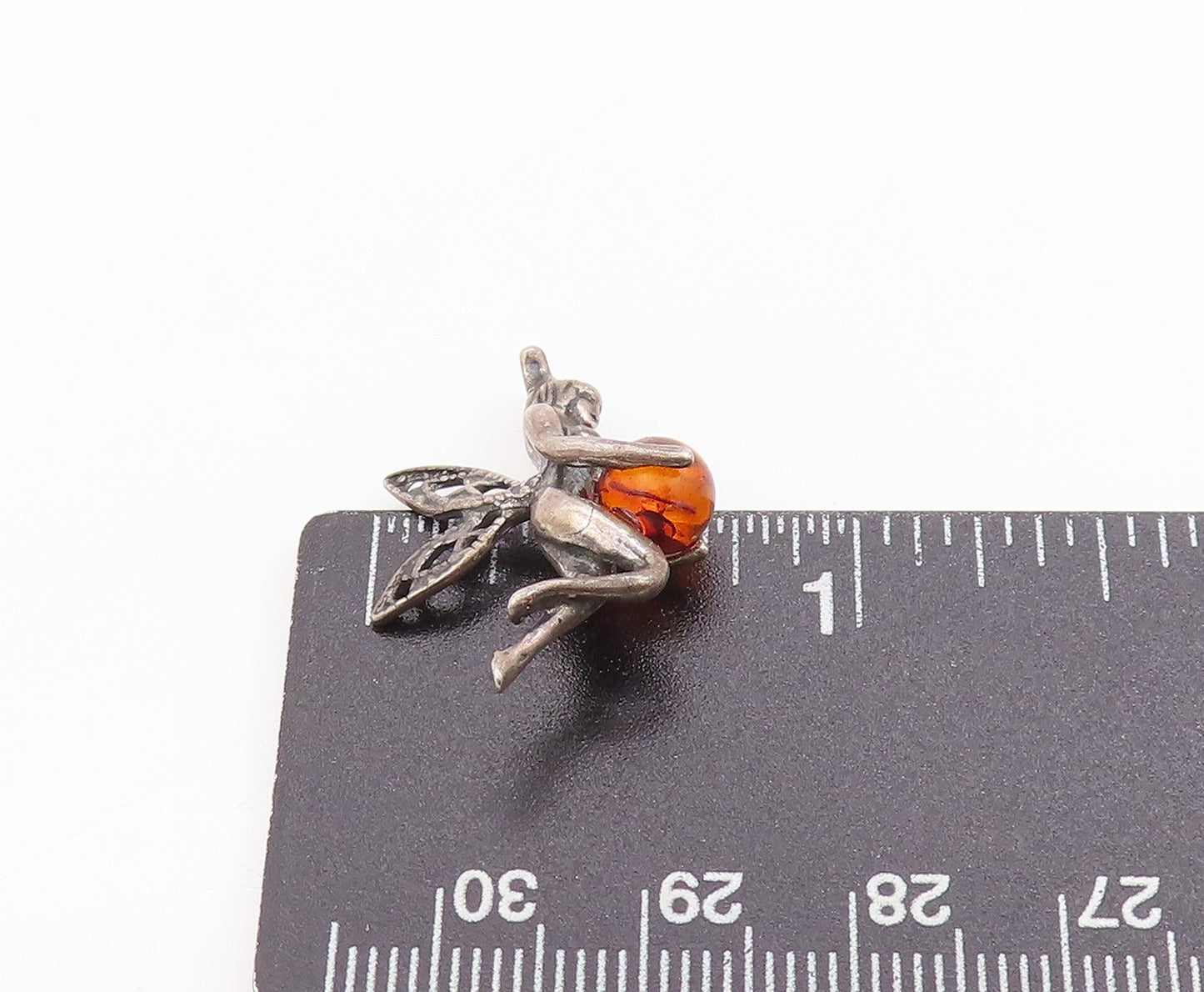 925 Sterling Silver Vintage Pendant Amber Guardian Fairy Angel Charm PT24860