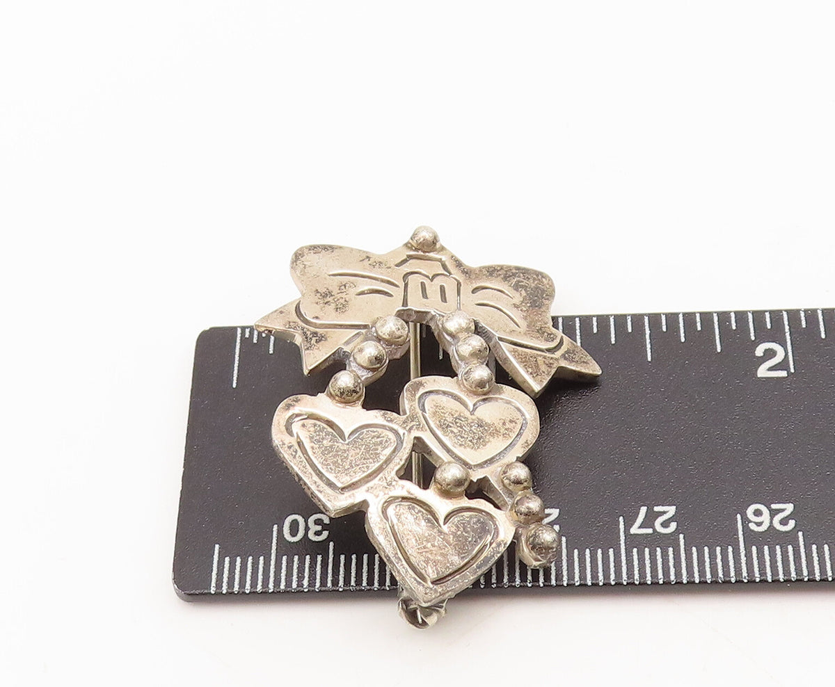 925 Sterling Silver Vintage Brooch Pin MEXICO Bow Dangling Beaded Hearts BP10533