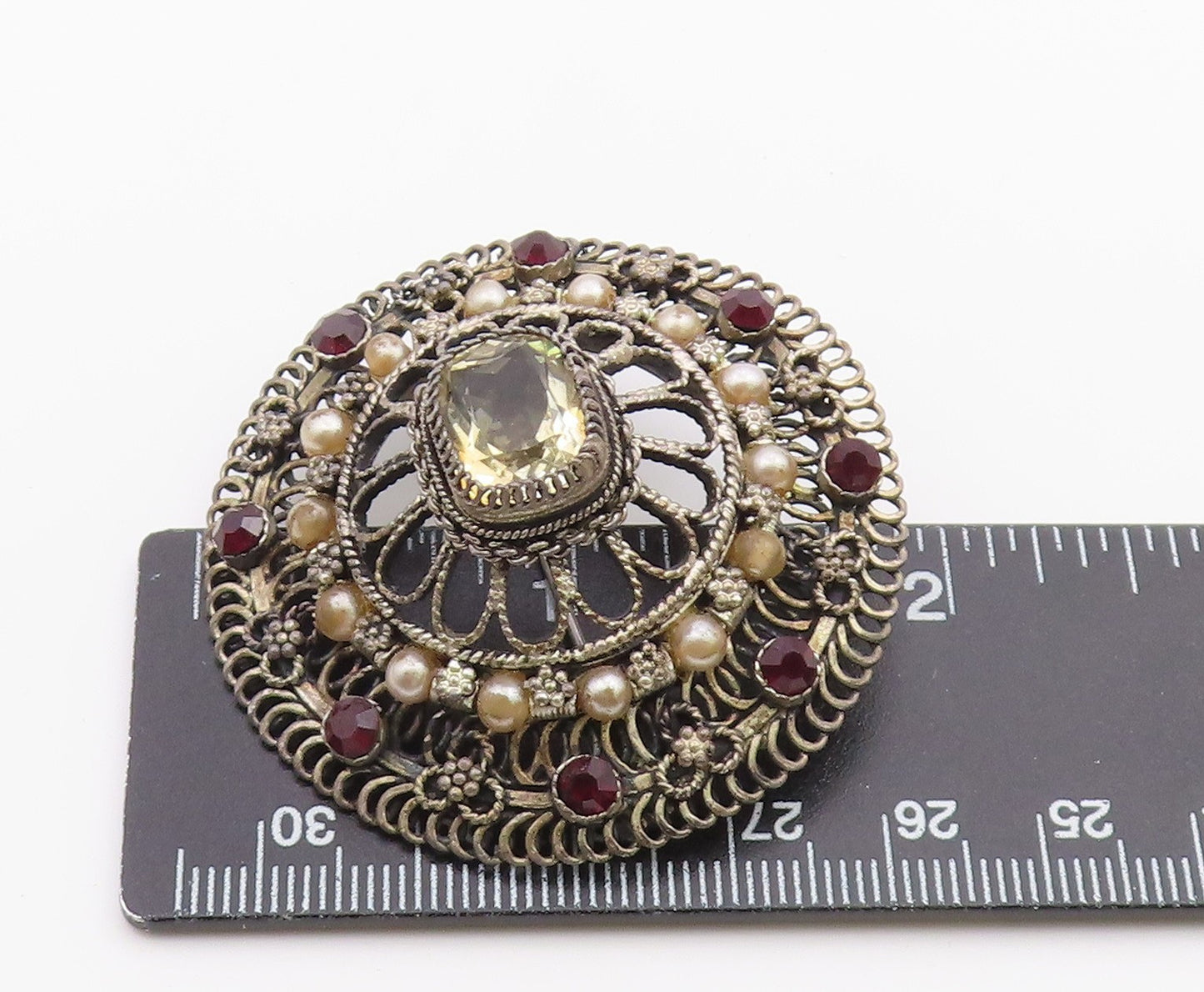 925 Sterling Silver Vintage Pearls Topaz & Amethyst Floral Brooch Pin BP3468