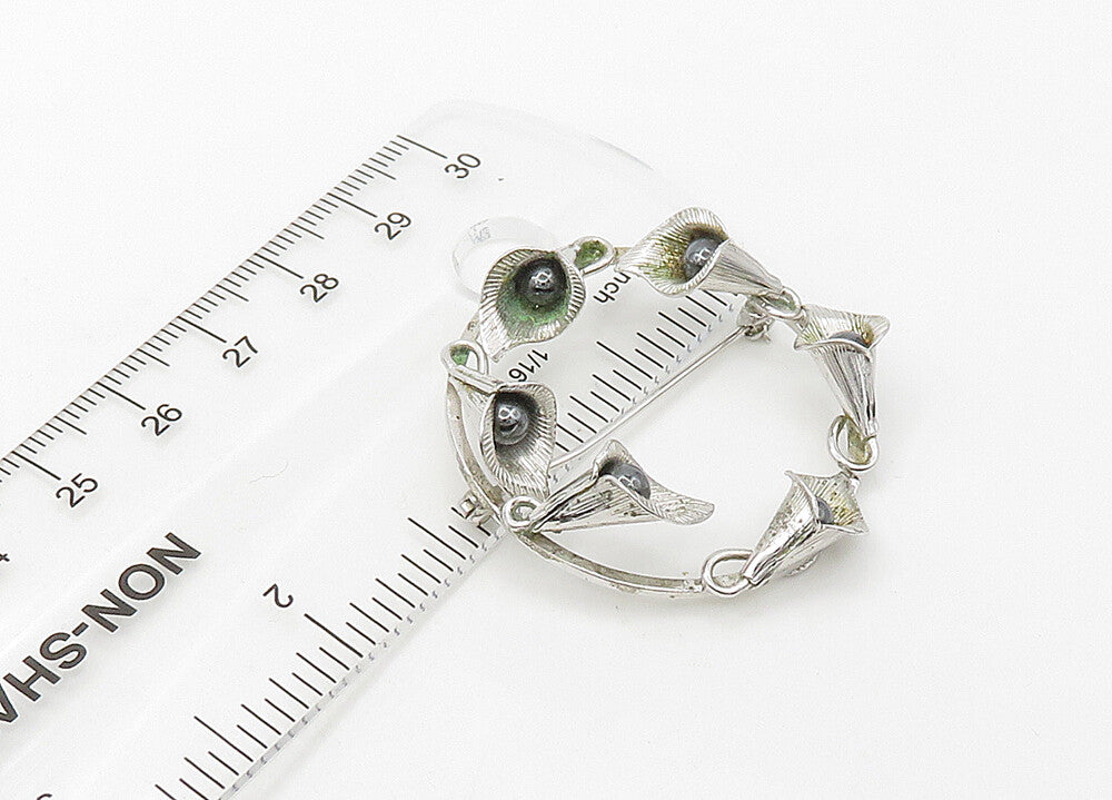 WELLS 925 Silver Vintage Shiny Hematite Floral Wreath Brooch Pin BP8444