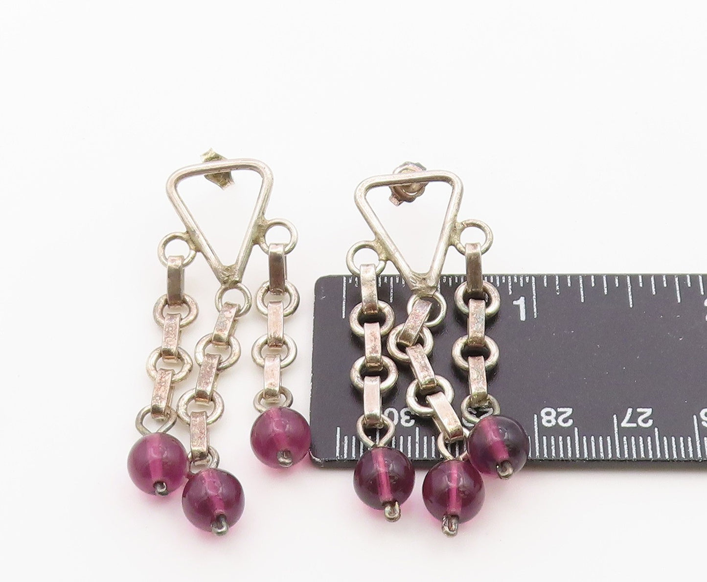 925 Sterling Silver Vintage Earrings Amethyst Bead Geometric Chandelier EG14440