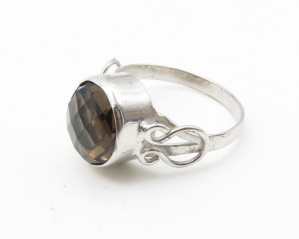 925 Sterling Silver Faceted Smoky Topaz Shiny Petite Band Ring Sz 6 RG10282
