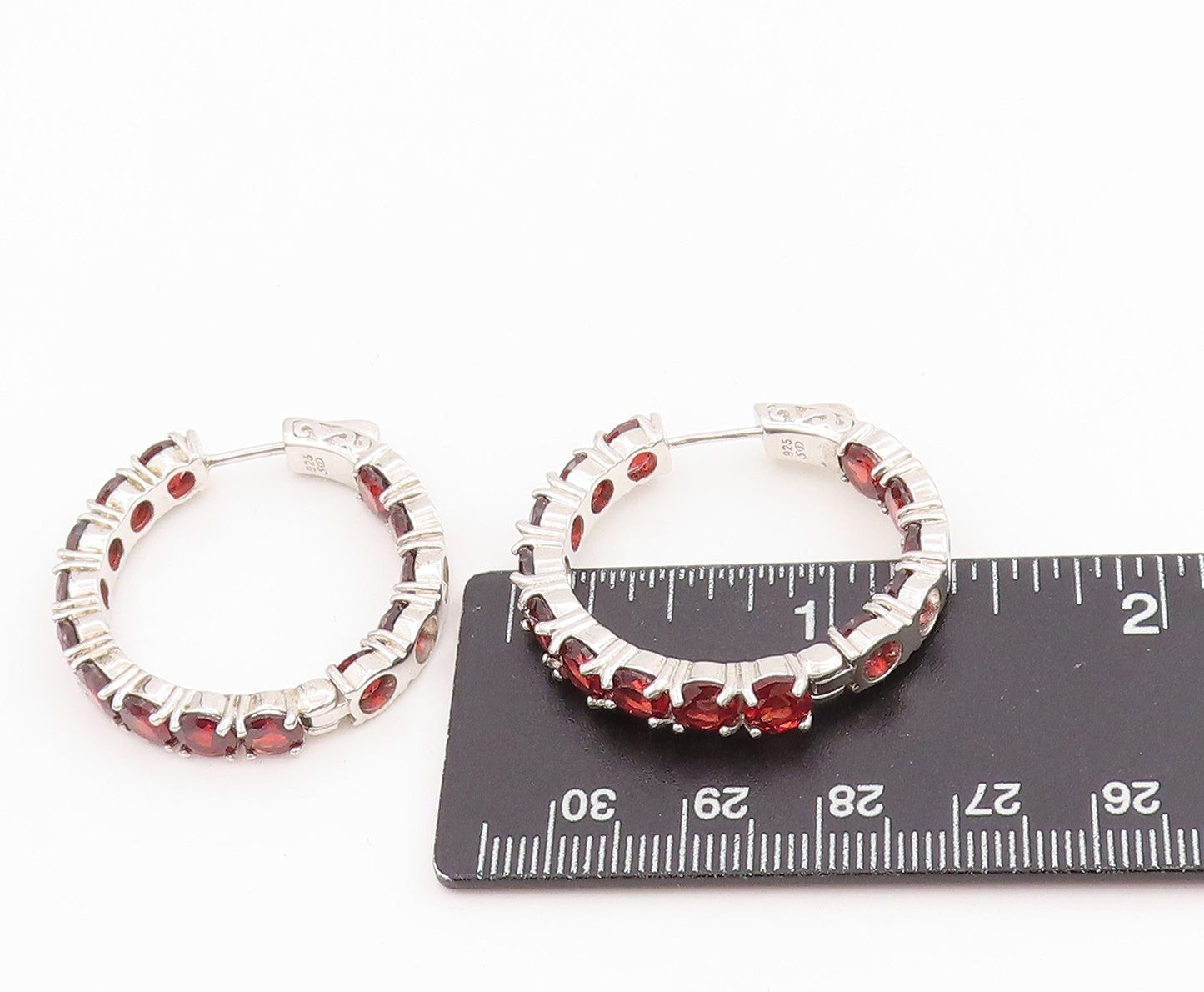 925 Sterling Silver Vintage Earrings Round Red Garnet Modernist Hoops EG13742