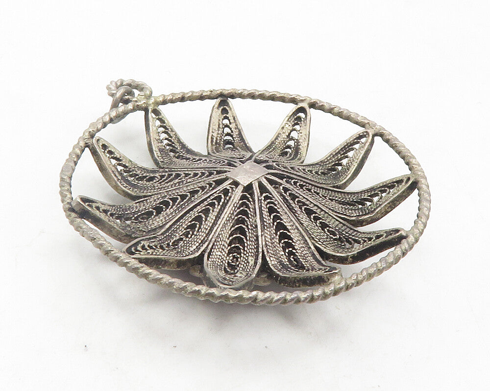925 Sterling Silver Vintage Antique Dark Tone Filigree Flower Pendant PT9503