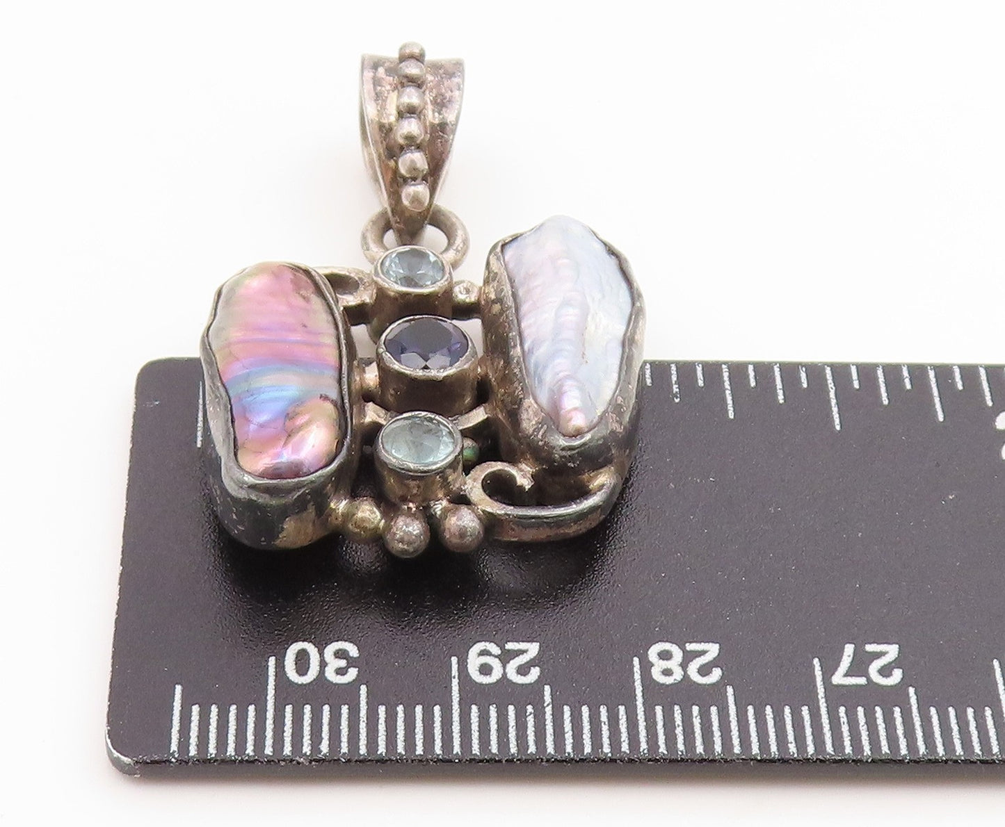 925 Sterling Silver Vintage Pendant Mother Of Pearl & Amethyst Charm PT25913
