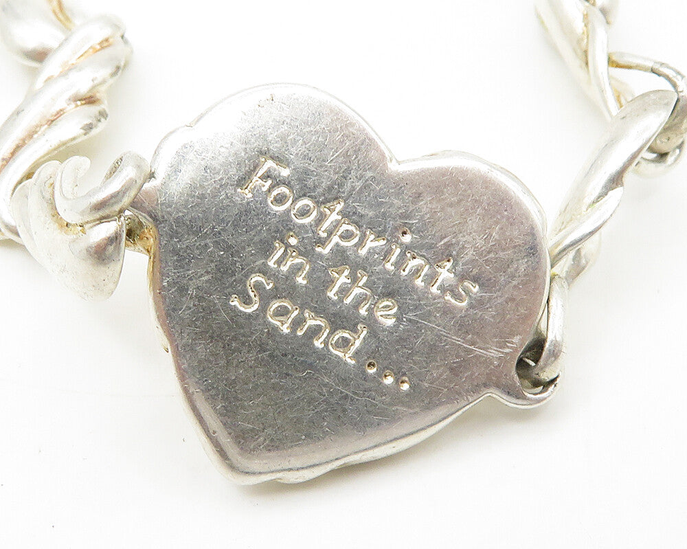 GORHAM 925 Silver Vintage 2 Tone Heart Footprint Quote Chain Bracelet BT6941