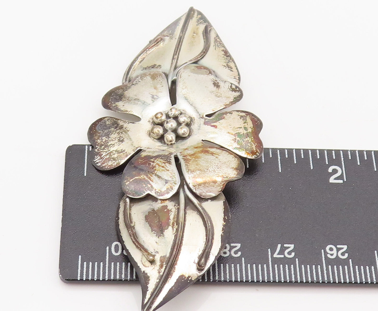 925 Sterling Silver Vintage Designer Beaded Flower & Leaf Brooch Pin BP10421