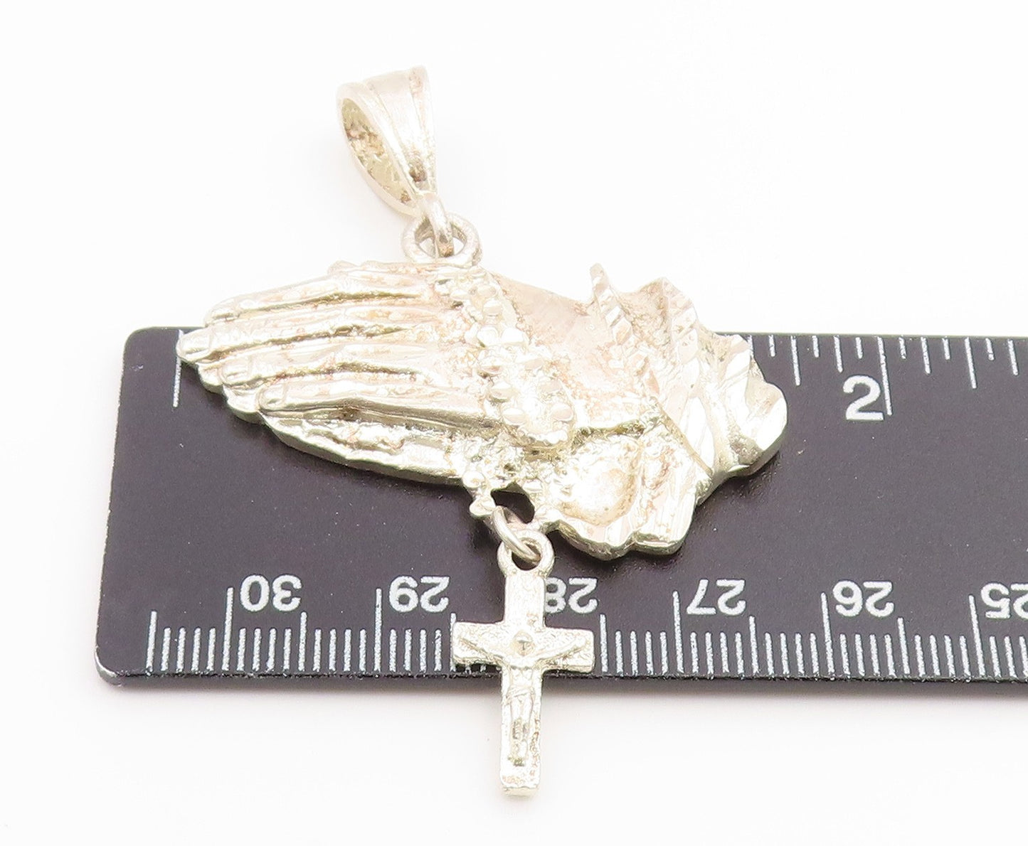 925 Sterling Silver Vintage Pendant Etched Praying Hands With Holy Cross PT25967