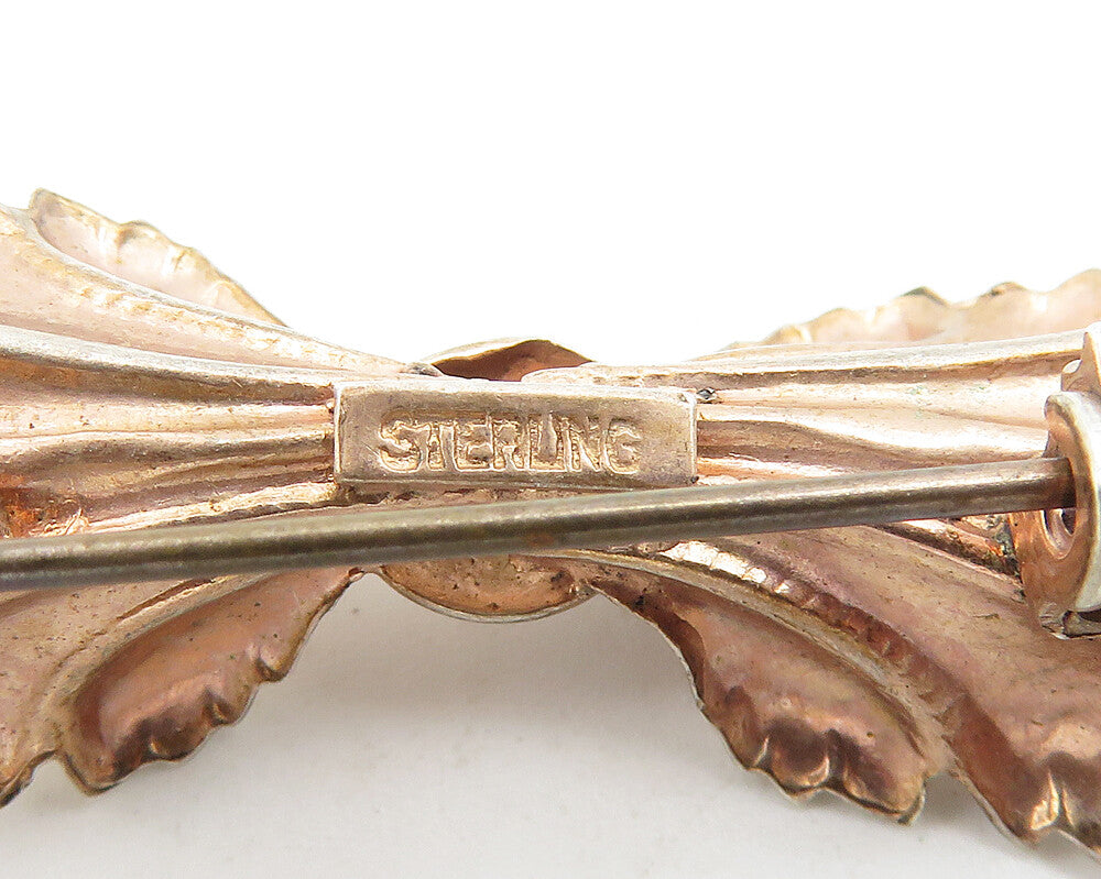 925 Sterling Silver Vintage Shiny Floral Leaf Bow Motif Brooch Pin BP4223