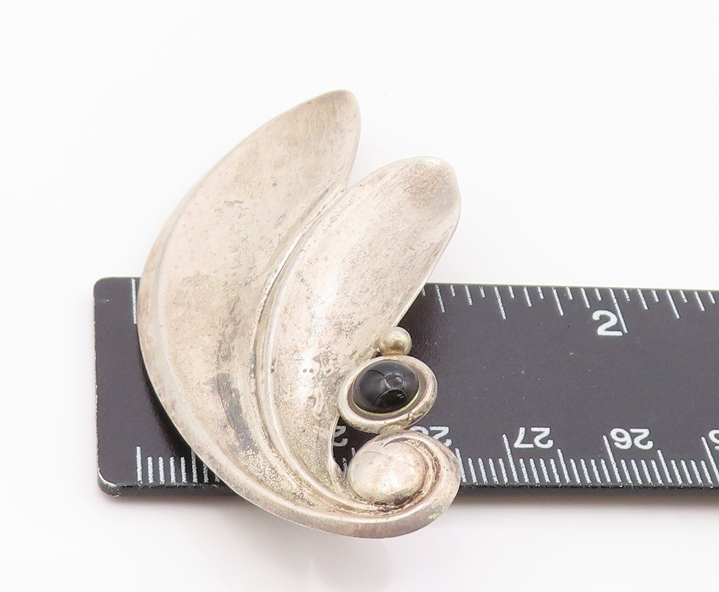 925 Sterling Silver Vintage Brooch Pin Onyx Modernist Sculptural Leaf BP12574
