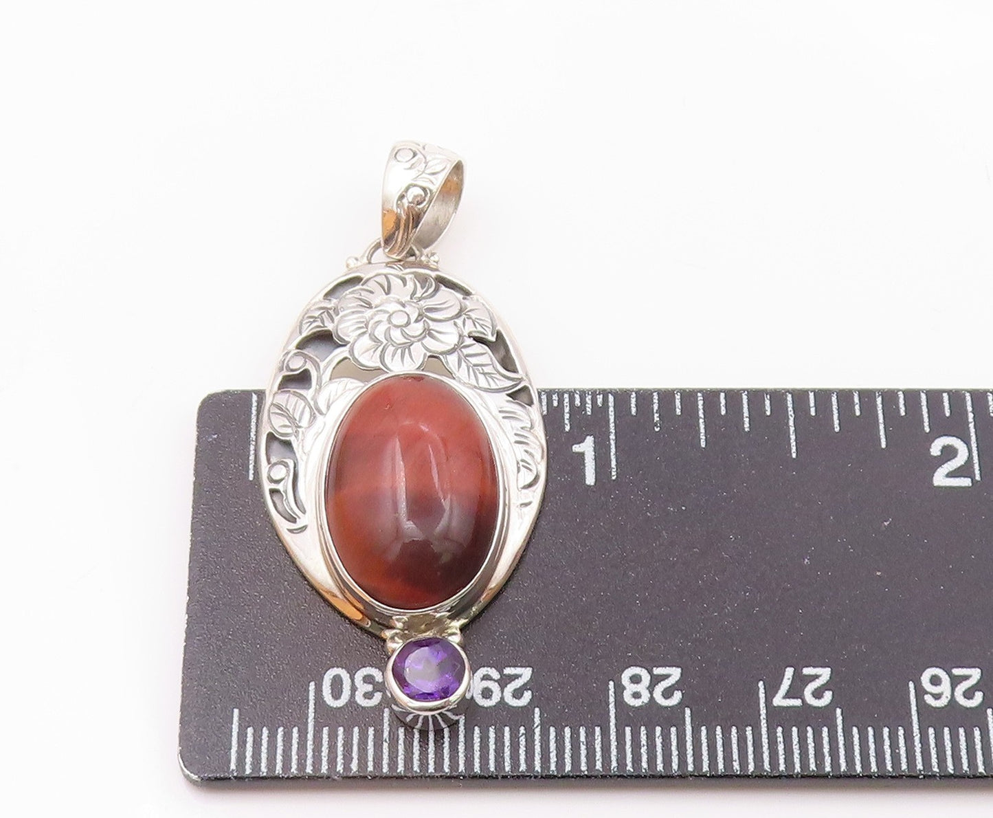925 Sterling Silver Vintage Red Tiger's Eye & Amethyst Floral Pendant PT16809