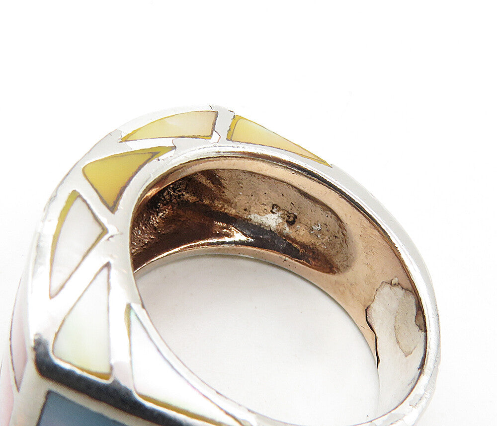 925 Sterling Silver Vintage Mother Of Pearl Mosaic Band Ring Sz 6 RG8855